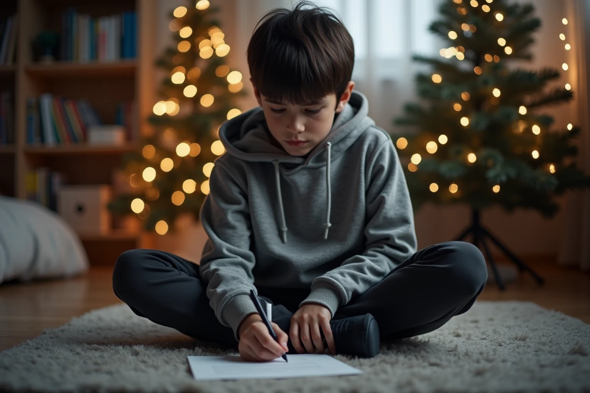 Adolescent écrivant une lettre au Père Noël assis sur le sol de sa chambre décorée pour Noël avec un petit sapin