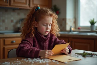 Adolescente lisant une lettre du Père Noël à la table de cuisine avec une expression de curiosité émue pendant les fêtes de Noël