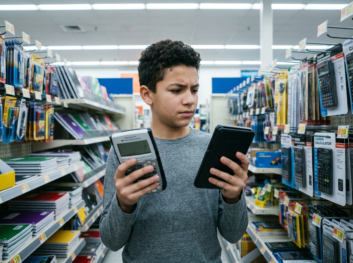 Adolescent comparant deux calculatrices scientifiques dans un magasin de fournitures scolaires