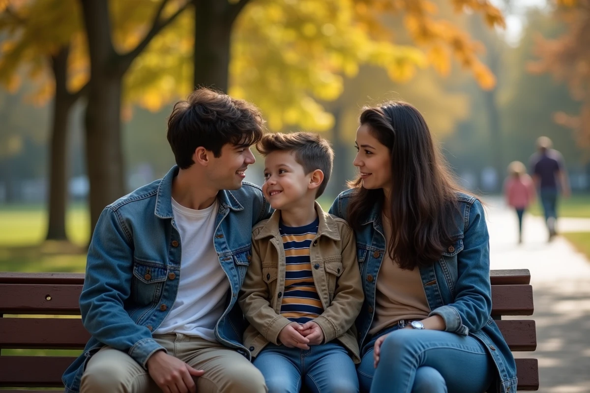 Adolescent avec ses parents sur un banc dans un parc