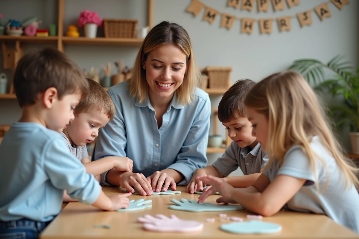 Assistante aidant des tout-petits &agrave; d&eacute;corer des plaques en argile pour la f&ecirc;te des m&egrave;res