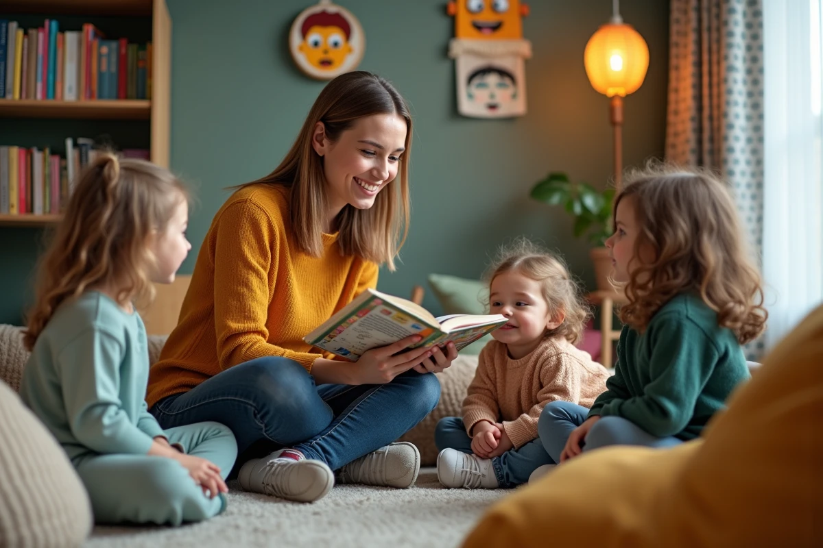 Animatrice lisant un livre sur les émotions à un groupe d'enfants dans un coin lecture d'un centre de loisirs