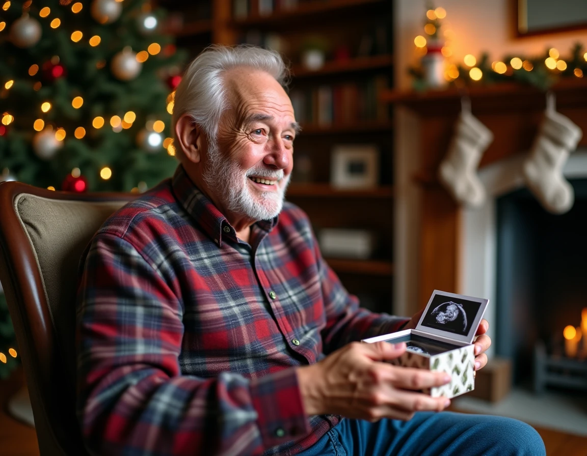 Grand-père ému découvrant une échographie dans un cadeau de Noël lors d'une annonce de grossesse en famille