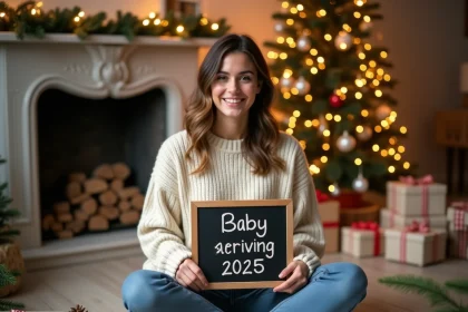 Jeune femme annonçant sa grossesse à Noël avec un tableau ardoise entourée de cadeaux et décorations festives