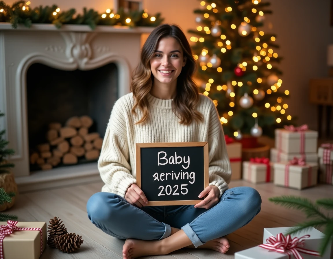 Jeune femme annonçant sa grossesse à Noël avec un tableau ardoise entourée de cadeaux et décorations festives