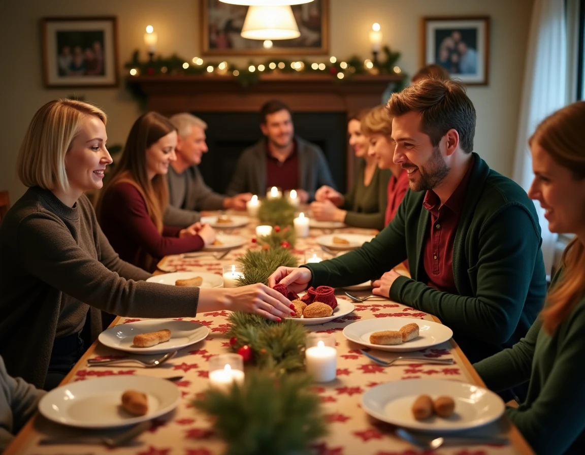 Couple annonçant la grossesse à table lors d'un repas de famille de Noël avec des chaussons bébé posés sur la table