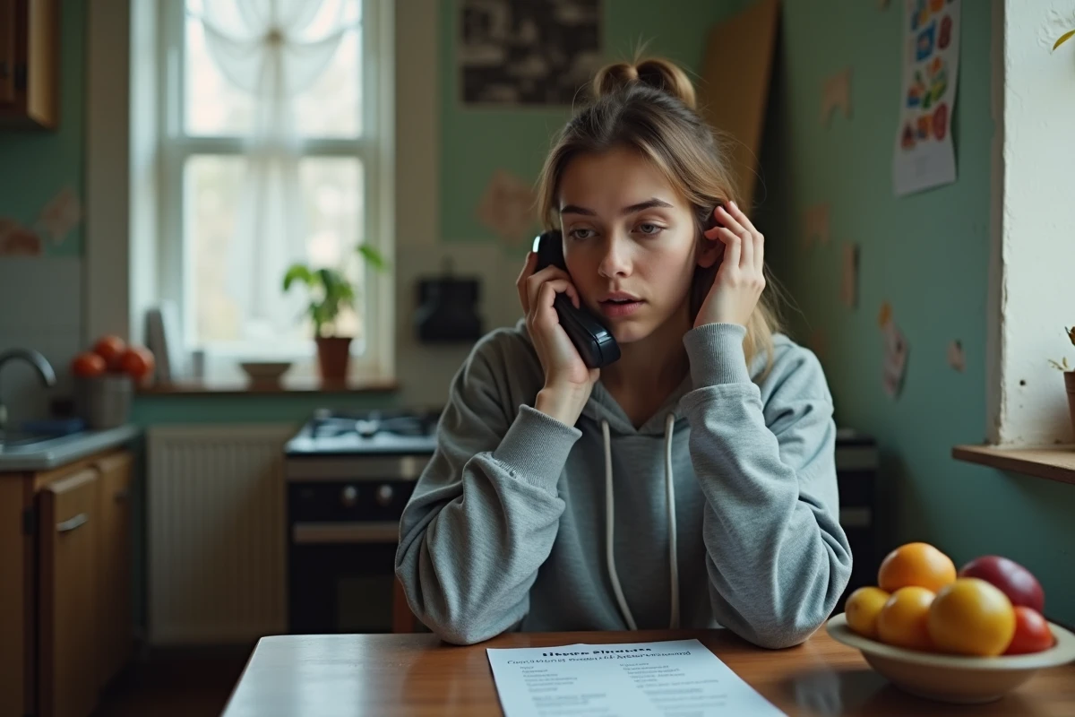 Jeune femme cherchant un numéro d'assistante sociale par téléphone pour obtenir une aide alimentaire immédiate
