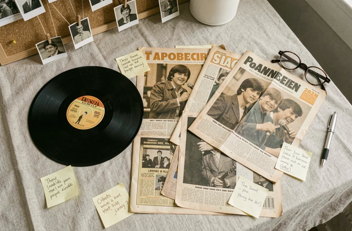 Collection de magazines vintage et pochette de disque vinyle des années 1970 étalés sur une surface en lin avec annotations manuscrites questionnant l'identité d'un chanteur photographié