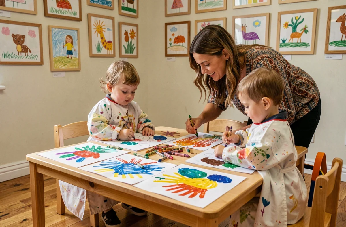 Enfants peignant avec les doigts sous la supervision d'une éducatrice à l'Atelier Gribouille