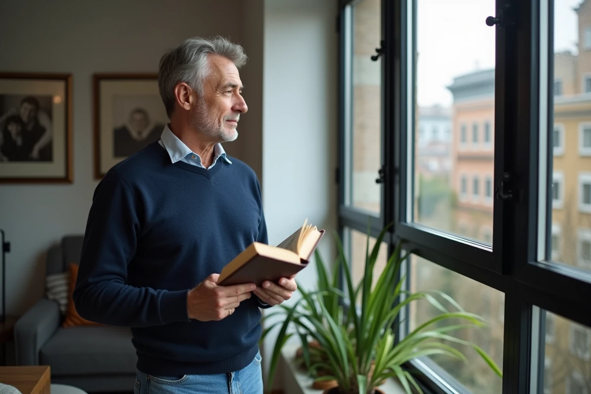 Auteur regardant par la fenetre dans un appartement moderne