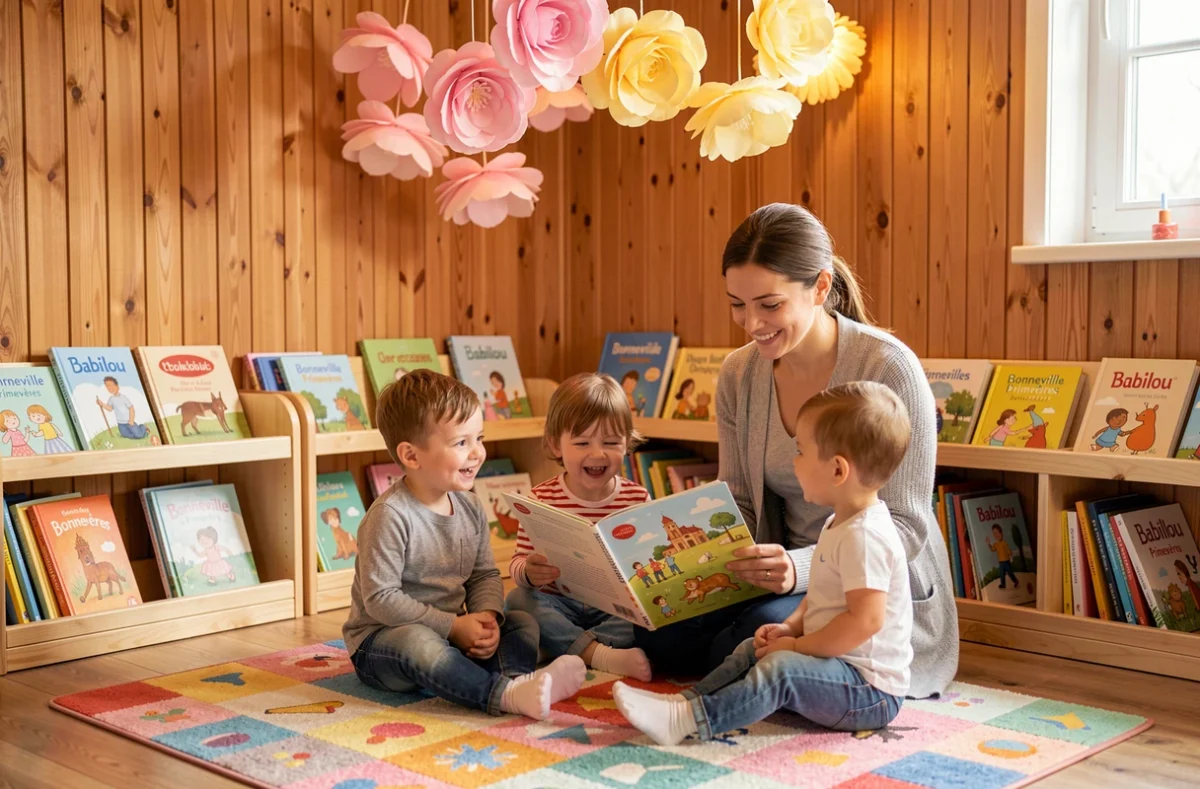 Éducatrice lisant un livre illustré à des enfants en bas âge à la crèche Babilou Bonneville Primevères