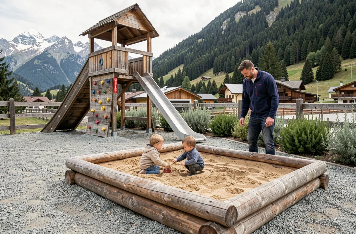 Aire de jeux extérieure en bois de la crèche Babilou Domancy Letraz avec vue sur les montagnes