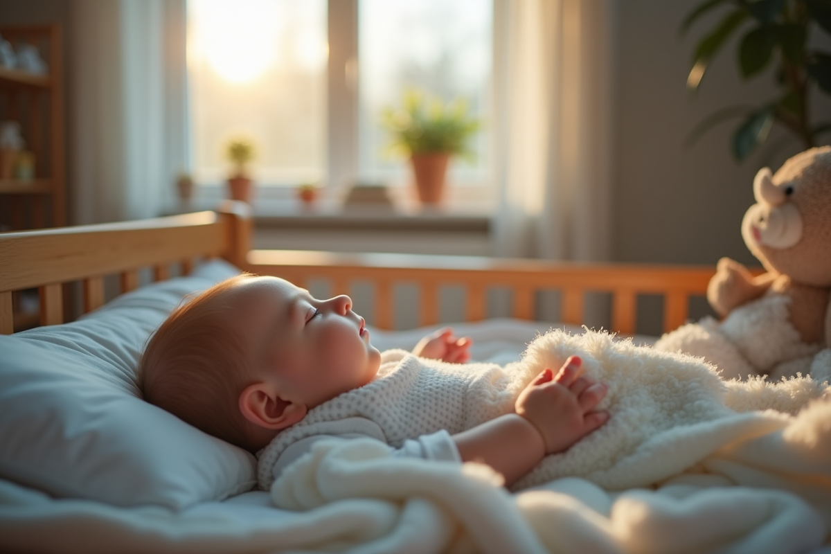 Bébé endormi paisiblement dans un lit moderne près d