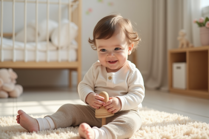 Bébé fille souriante en bodysuit coton dans un décor cosy