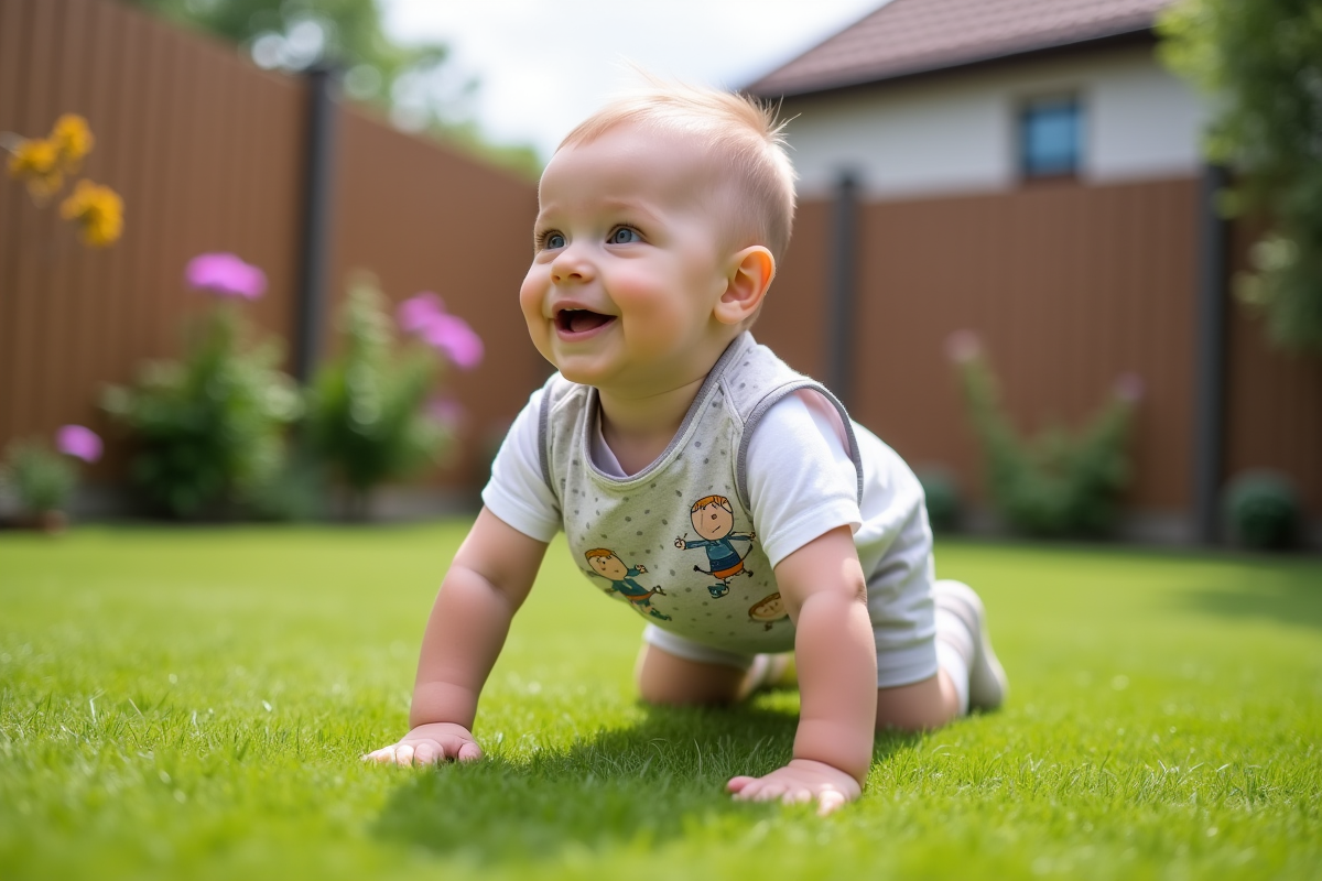 Bébé garçon rampe dans un jardin ensoleillé et coloré