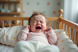 Bébé fille de 6 mois pleurant dans un lit moderne