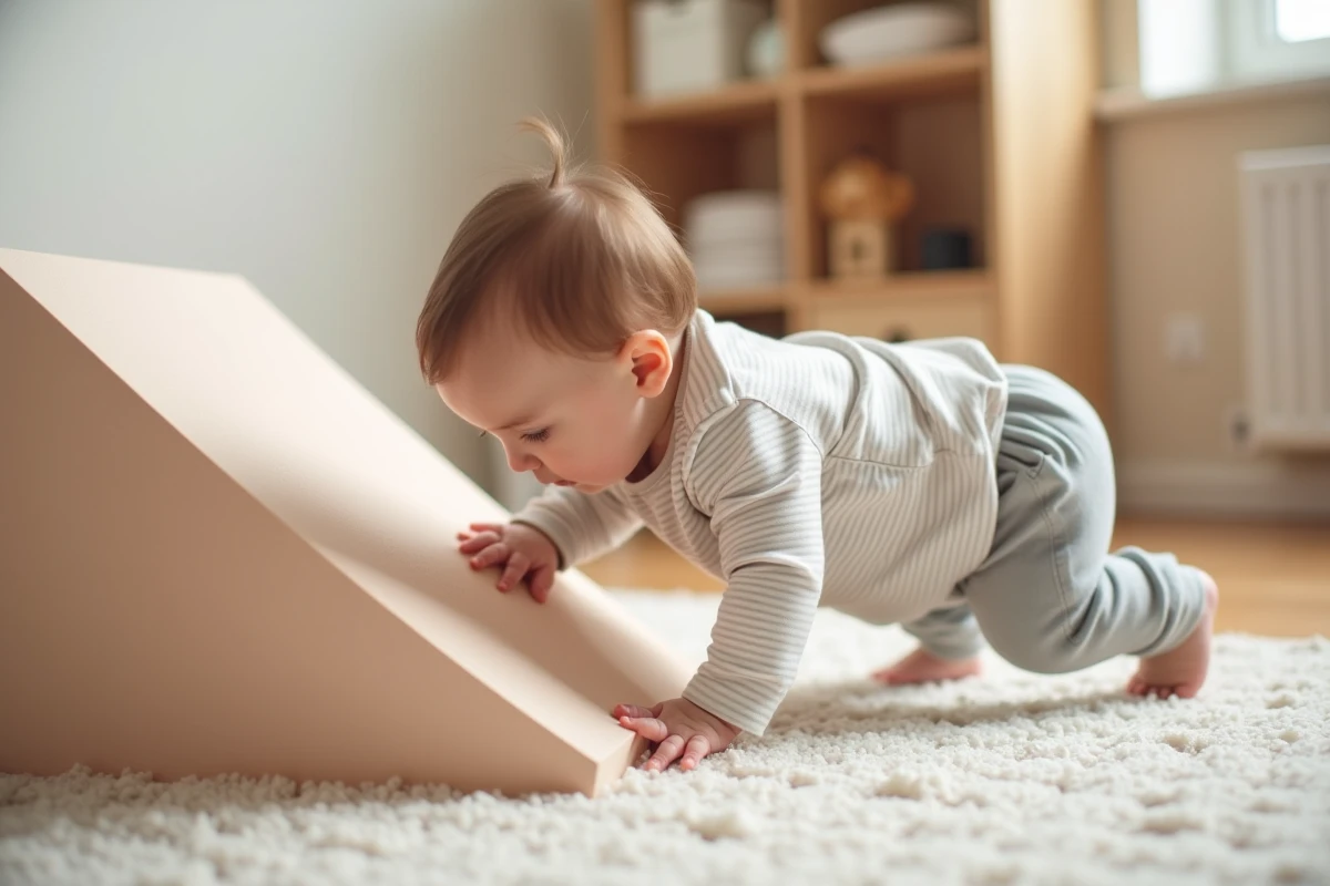 Bébé fille se relevant sur un plan incliné en mousse dans une salle de jeux dédiée aux activités motrices