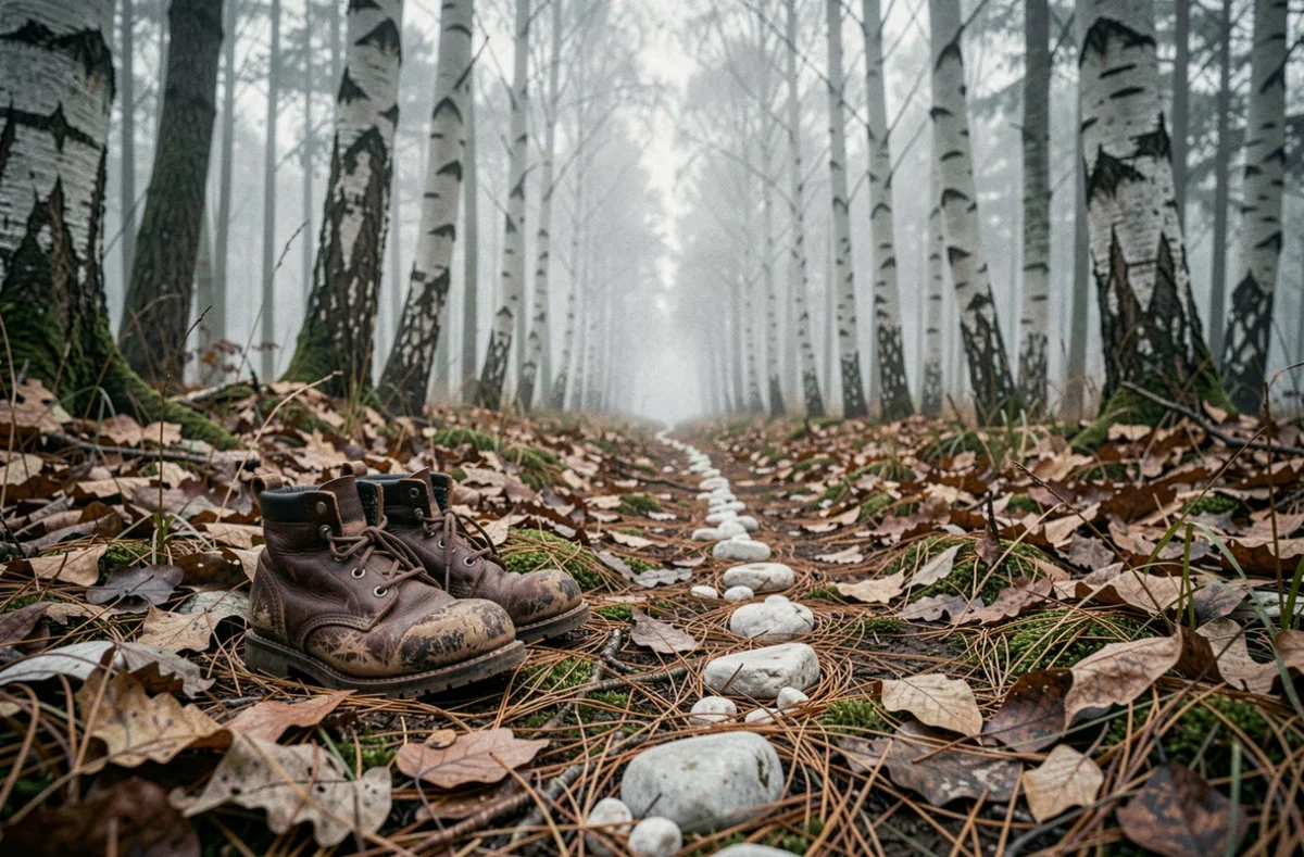 Petites bottes en cuir usées sur un sol de forêt avec un chemin de cailloux blancs, symbole du conte Petit Poucet