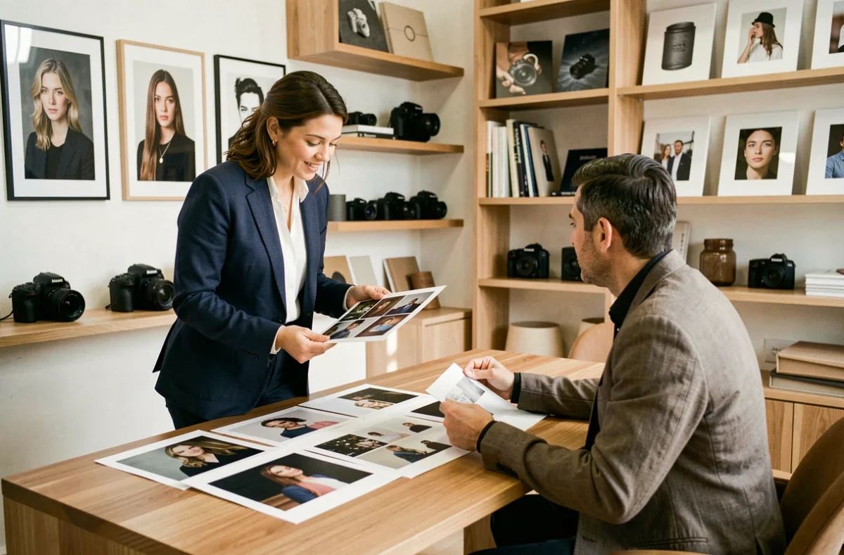Photographe professionnelle en boutique studio présentant ses portfolios imprimés à un client lors d'un entretien de shooting professionnel