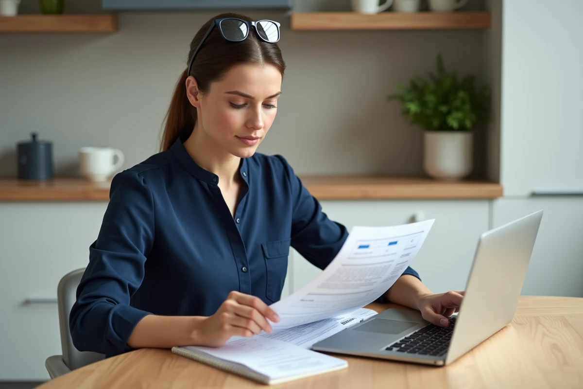 Mère de famille étudiant un contrat de garde d'enfant et calculant son budget à la cuisine
