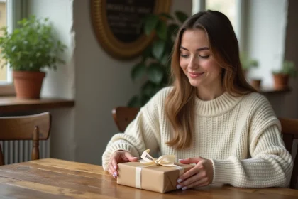 Jeune femme posant un cadeau surprise sur une table en bois pour annoncer une grossesse aux grands-parents