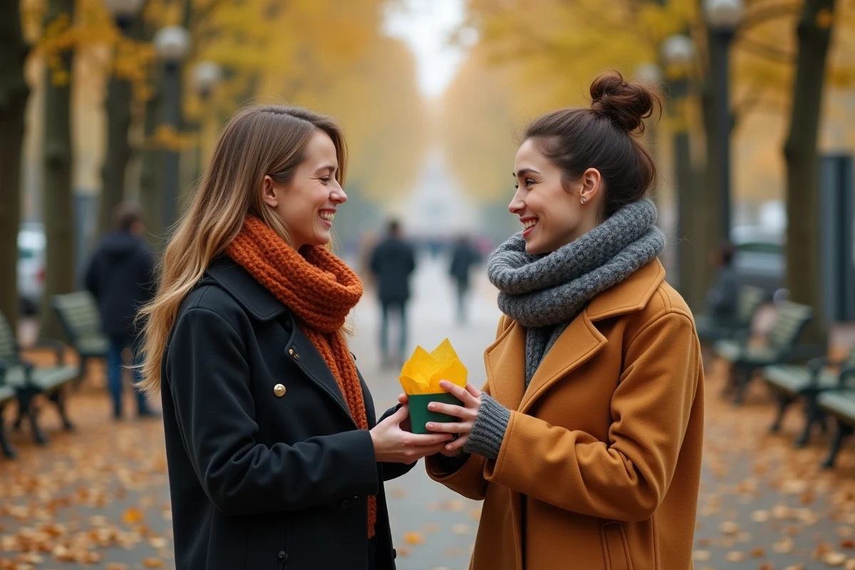 Deux amies échangeant un cadeau fait main dans un parc en automne pour célébrer la Sainte Catherine avec des feuilles dorées au sol