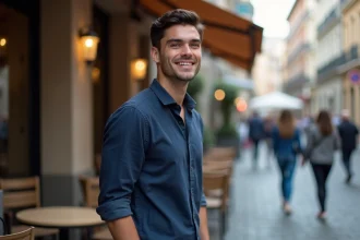 Jeune homme élégant souriant discrètement en terrasse de café européen, ambiance romantique et décontractée