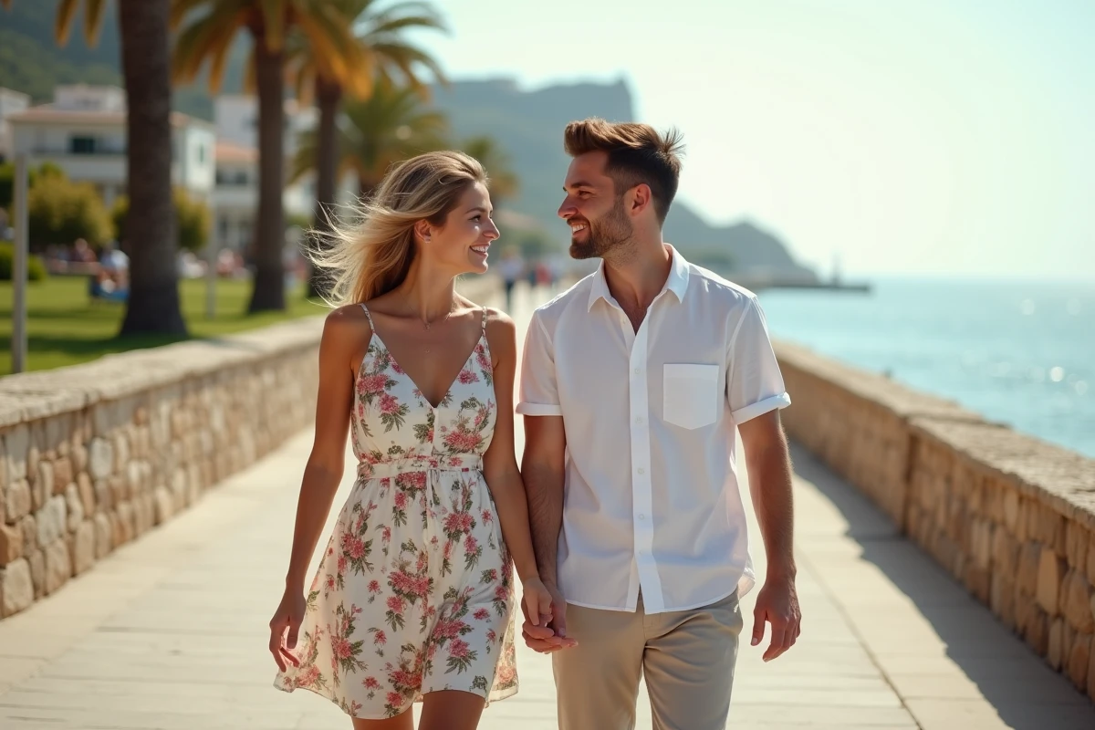 Couple discret se promenant ensemble sur une promenade méditerranéenne ensoleillée, style photo volée romantique