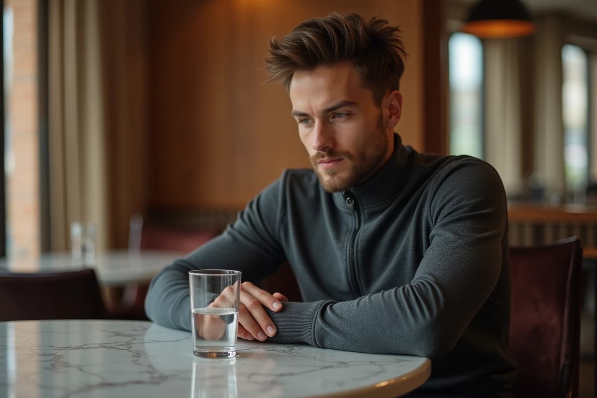 Jeune homme sportif et pensif attablé seul dans un restaurant moderne élégant, atmosphère intime et discrète