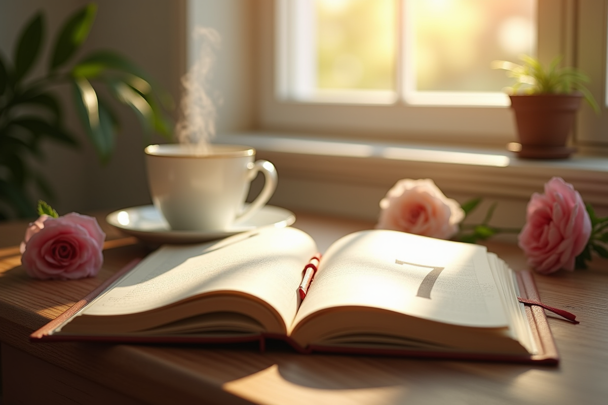 Carnet ouvert avec pages marquées du chiffre sept et tasse de café