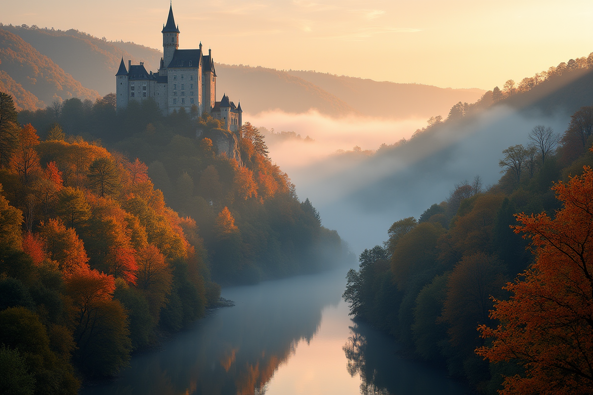 Chateau médiéval dans la vallée de la Dordogne au lever du soleil