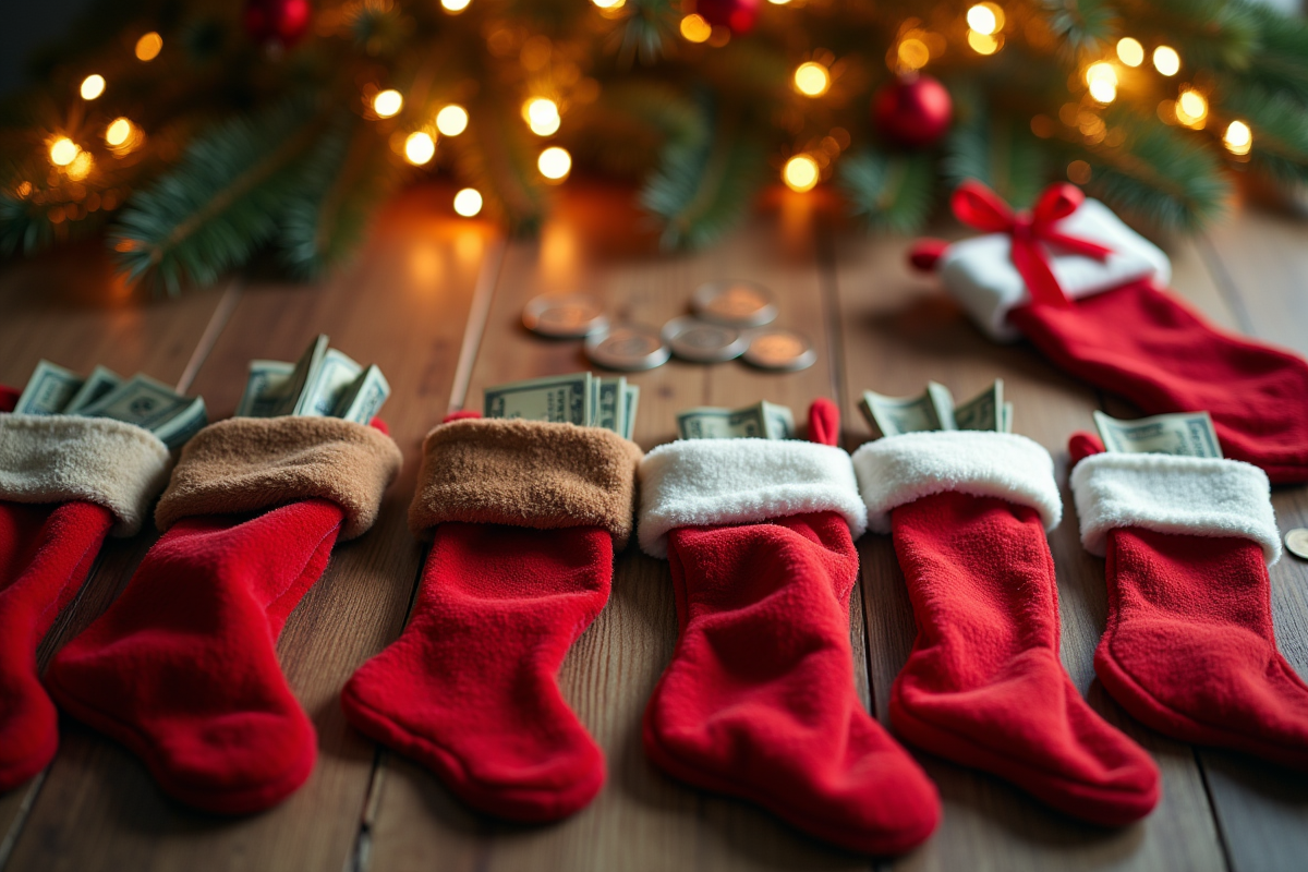 Plusieurs chaussettes de Noël avec cadeaux et décorations festives