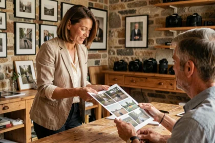 Photographe professionnelle à Verdun présentant son portfolio à un client dans un studio décoré avec des murs en pierre