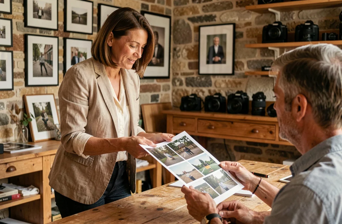 Photographe professionnelle à Verdun présentant son portfolio à un client dans un studio décoré avec des murs en pierre