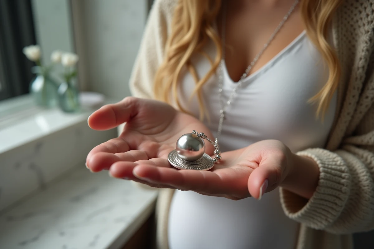 Gros plan sur un collier bola en argent dans la main d