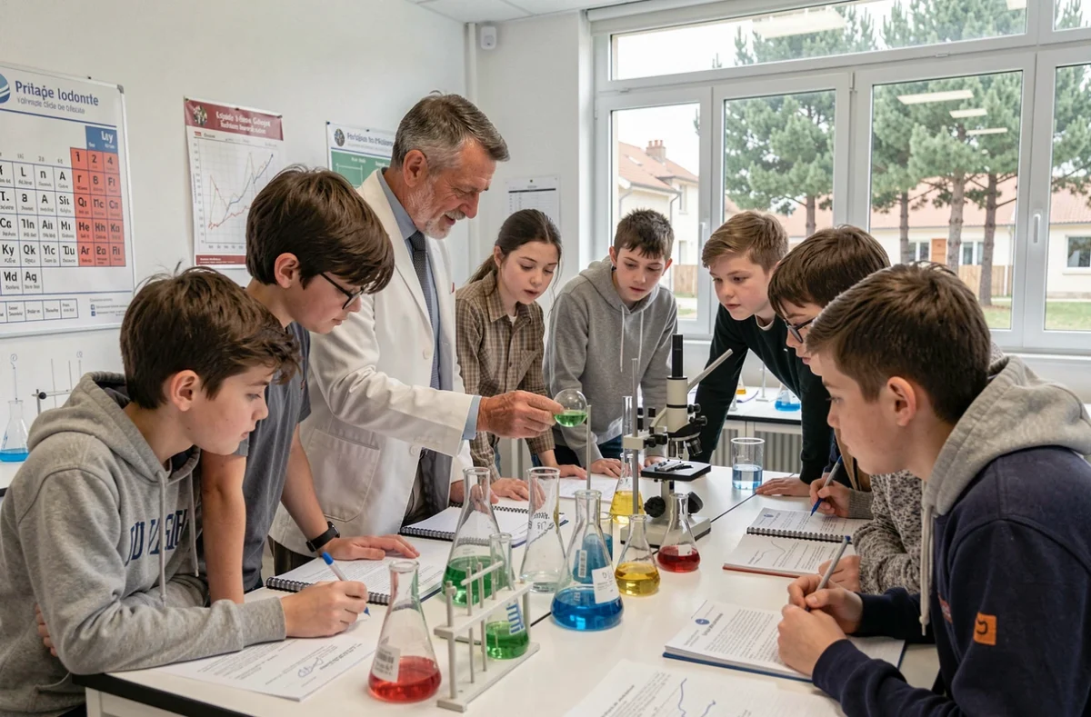 Professeur de sciences et élèves du collège François Mauriac à Saint-Médard-en-Jalles lors d'une expérience en laboratoire