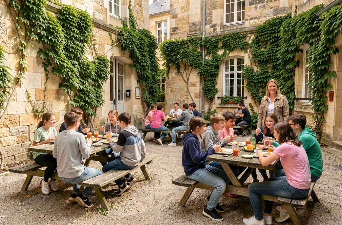 Cour de récréation animée du collège Lestonnac à Bordeaux avec des collégiens pendant la pause déjeuner
