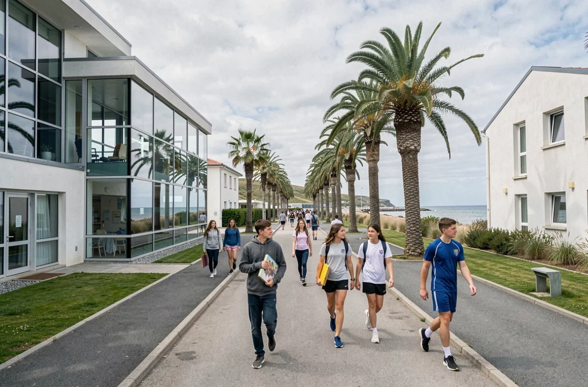 Campus du collège-lycée Sainte-Anne à Anglet avec des élèves circulant entre les bâtiments modernes près de la côte atlantique