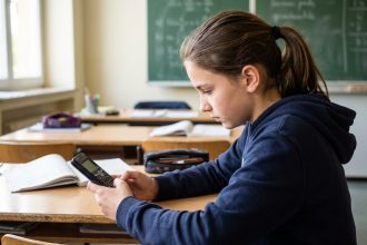 Collégienne examinant une calculatrice scientifique à son bureau en classe