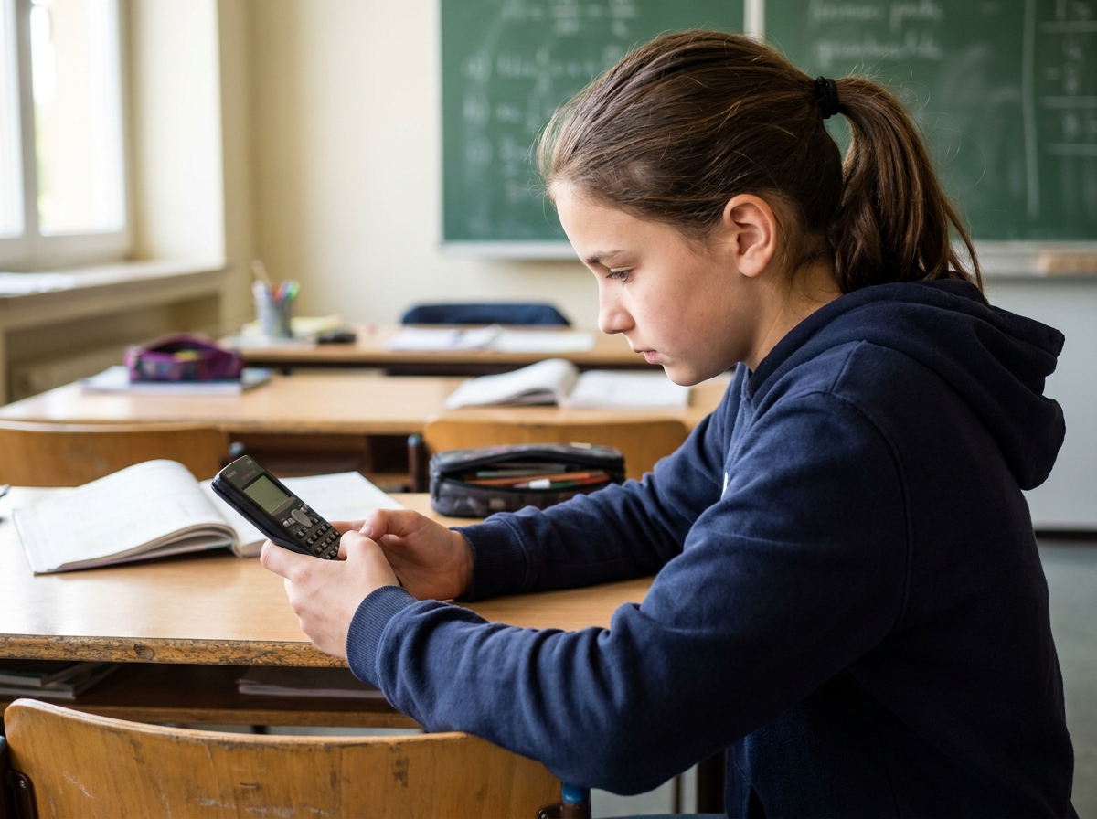 Collégienne examinant une calculatrice scientifique à son bureau en classe