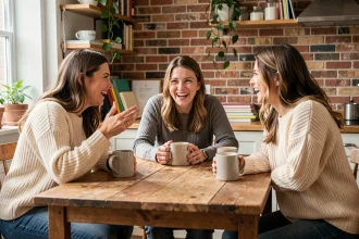 Groupe de mamans réunies autour d'une table en bois pour partager un café et se soutenir mutuellement, symbolisant la communauté Mama-bears.fr