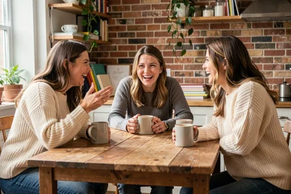 Groupe de mamans réunies autour d'une table en bois pour partager un café et se soutenir mutuellement, symbolisant la communauté Mama-bears.fr