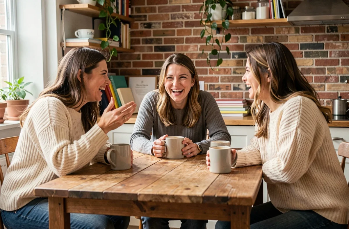 Groupe de mamans réunies autour d'une table en bois pour partager un café et se soutenir mutuellement, symbolisant la communauté Mama-bears.fr