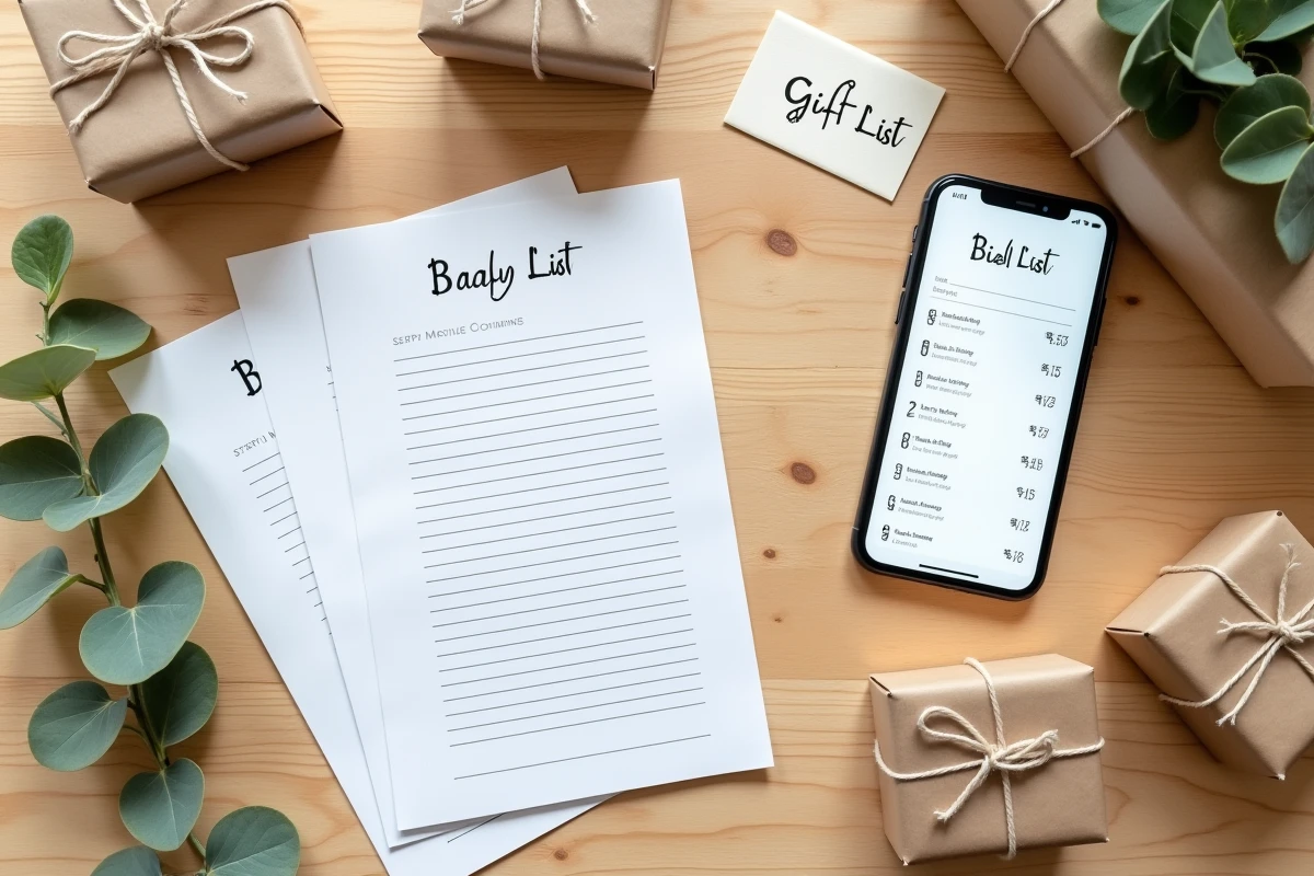 Flat-lay éditorial comparant liste de naissance digitale et boutique traditionnelle avec cartes imprimées et smartphone sur table en chêne