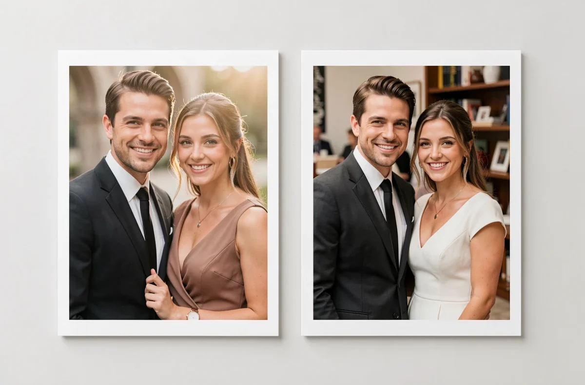Comparaison visuelle entre une photo de couple réalisée par un photographe professionnel et une prise par un amateur, montrant la différence de qualité et de composition