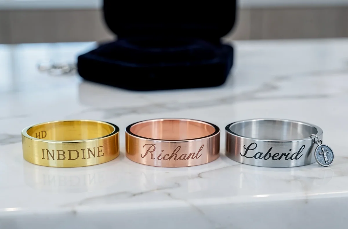Trois gourmettes de baptême en or jaune, or rose et argent côte à côte sur marbre blanc dans une bijouterie
