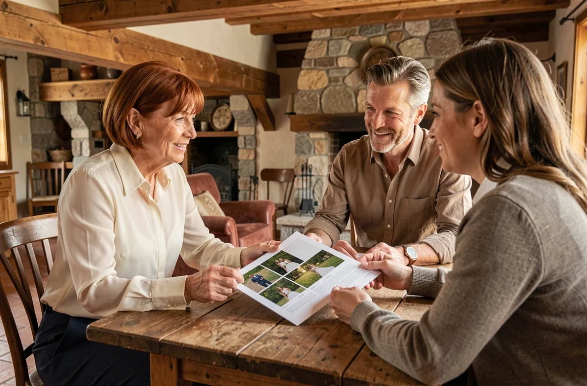 Photographe de mariage en consultation avec un couple de fiancés dans un intérieur savoyard à Chambéry