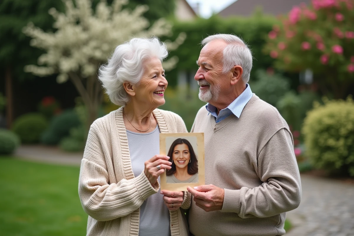Vieux couple tenant une photo dans leur jardin