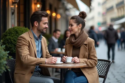 Un couple assis en terrasse d'un café parisien, partageant un moment silencieux chargé d'émotion, évoquant les souvenirs d'une histoire commune