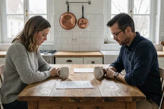 Couple en instance de divorce assis à une table de cuisine avec des documents juridiques entre eux, illustrant la réalité du divorce en France